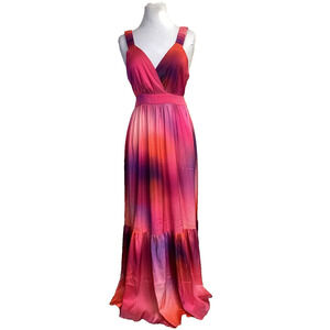VENUS SATIN ORANGE PURPLE PINK OMBRE RUFFLE MAXI DRESS  SZ 6